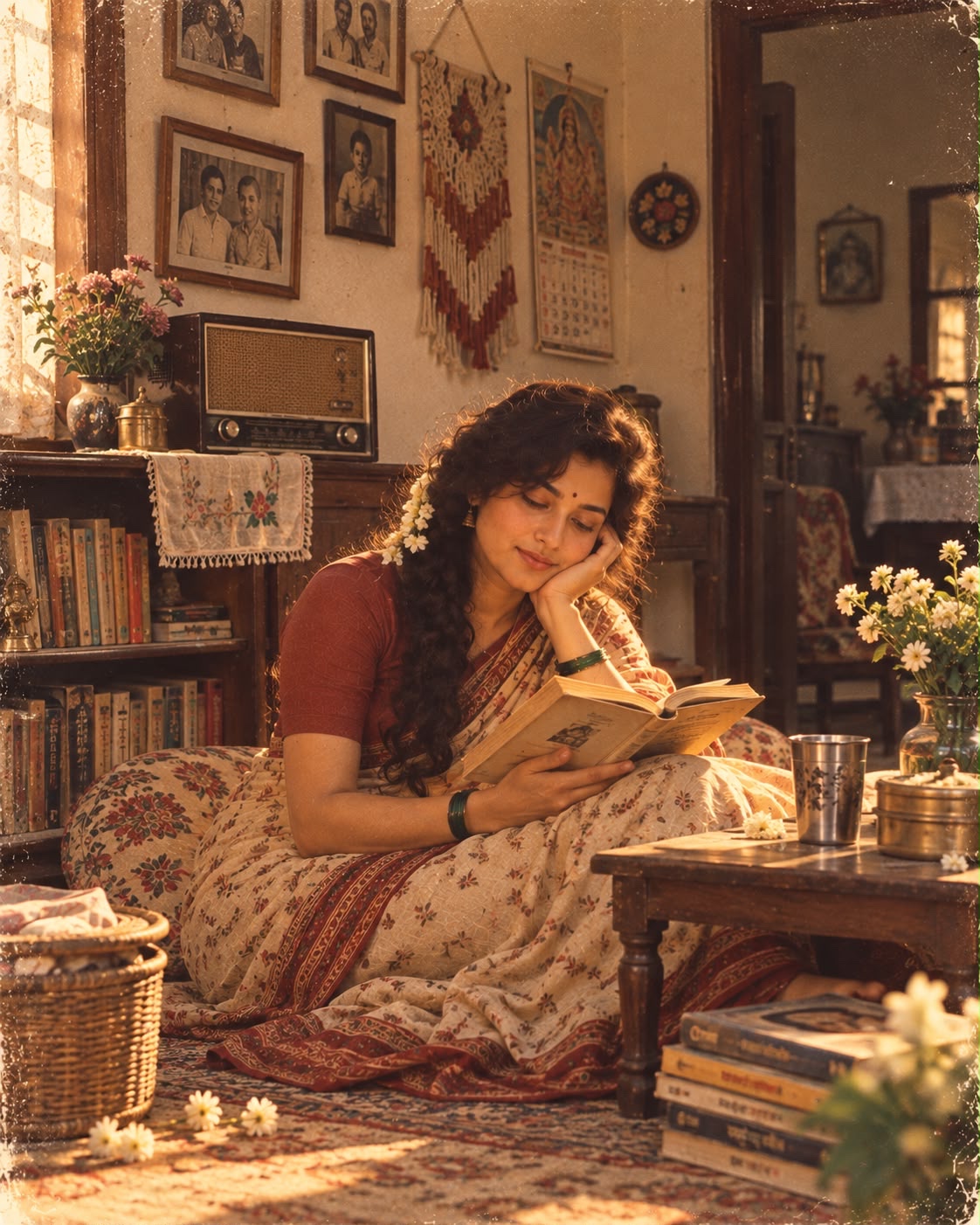 AI-generated 1970s-inspired portrait of a woman reading on the floor in a floral saree, with jasmine in her hair, wooden bookshelves and an old radio behind her.