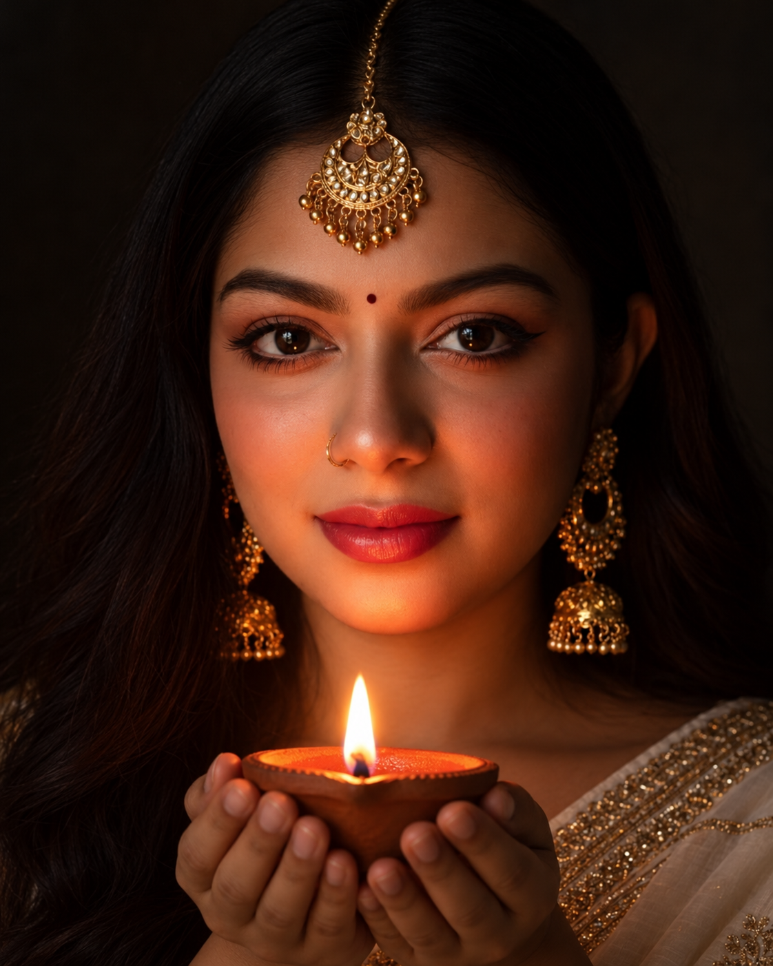 AI-edited adult woman in ivory gold-border saree holding a terracotta diya with both hands against a dark background