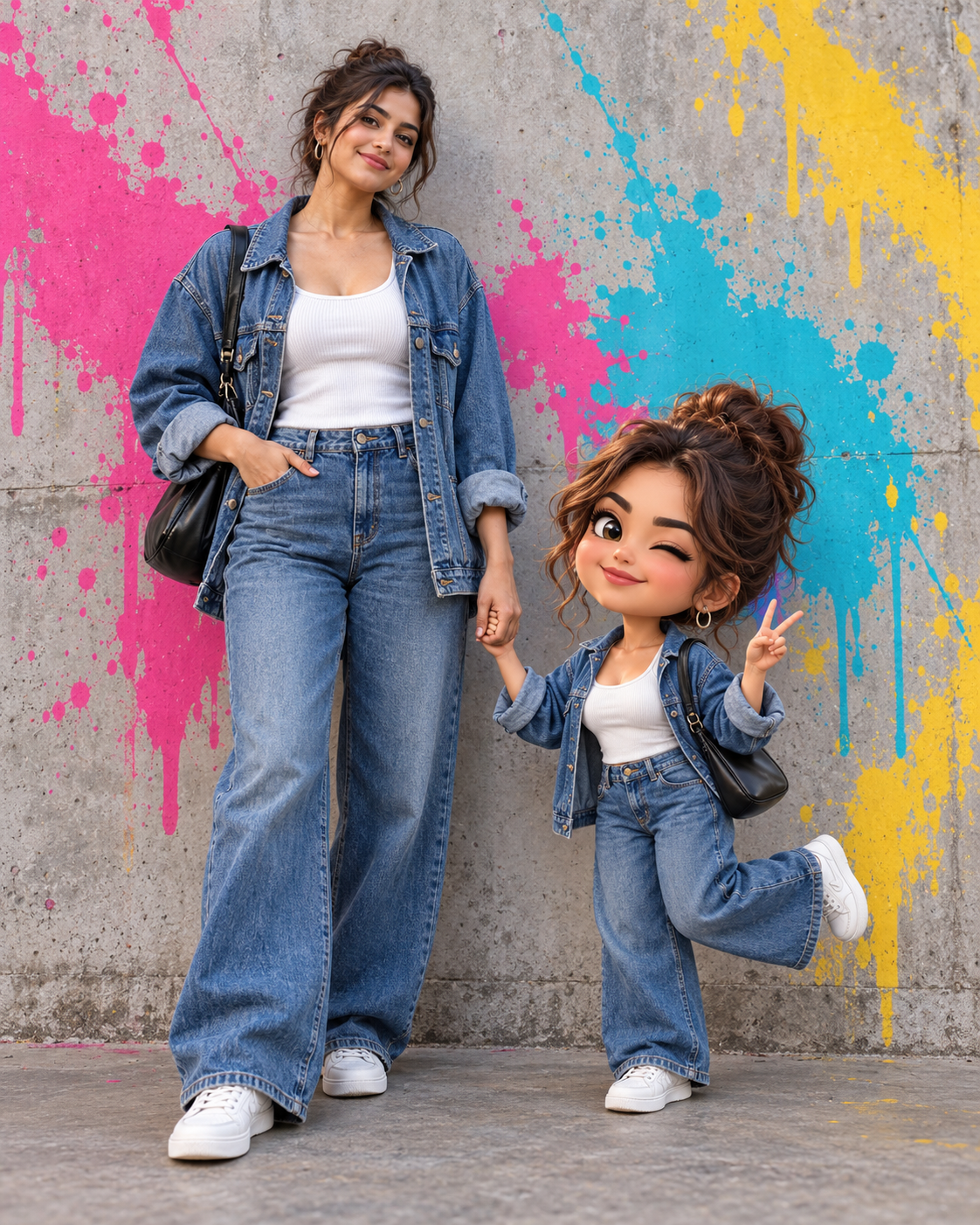 Denim Mini-Me Graffiti — AI-generated photo and cartoon example, fictional adult model