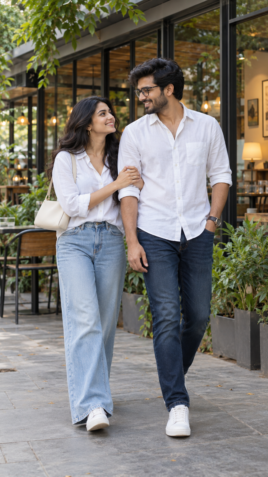 Original AI-generated fictional adult couple: White-shirt café walk