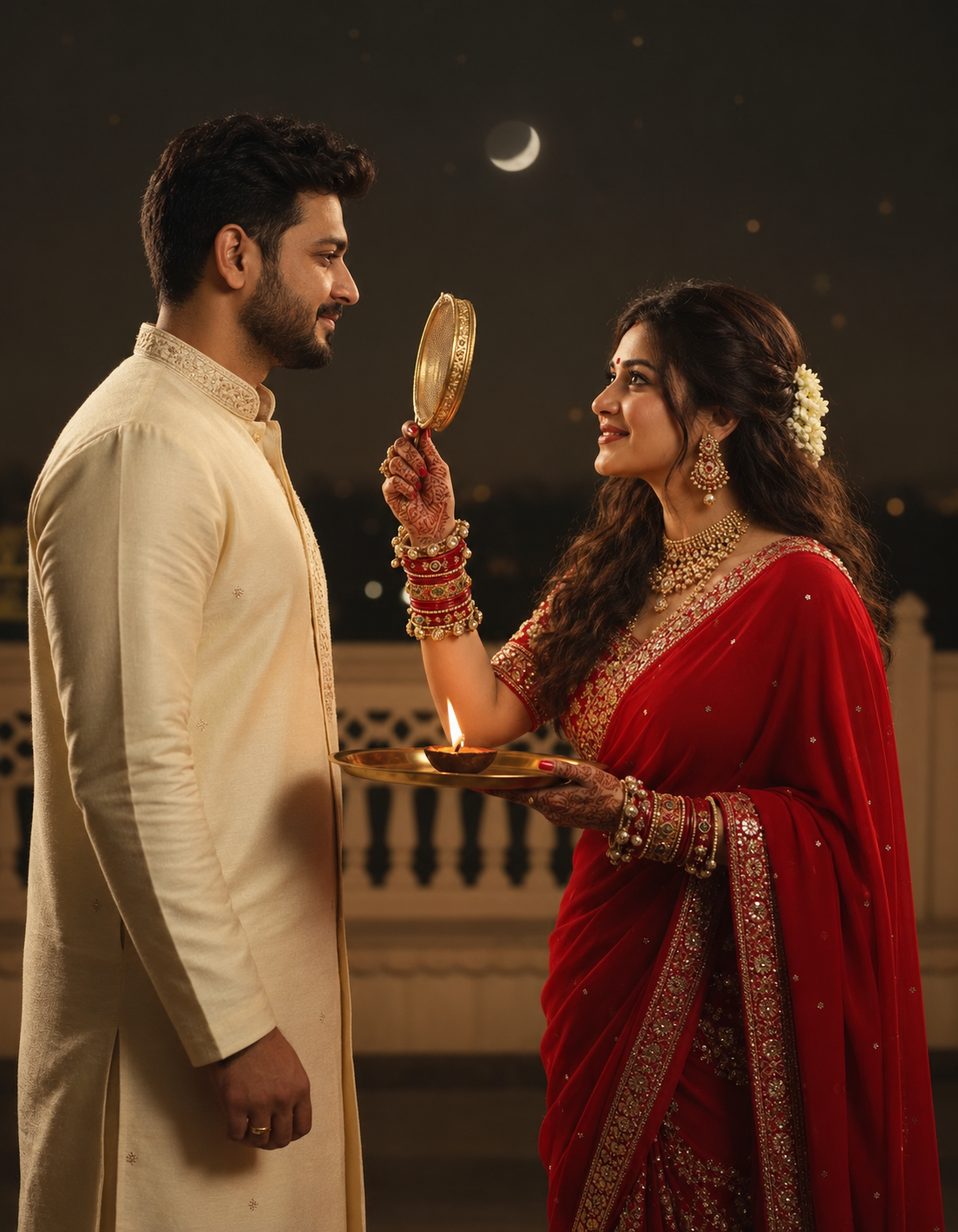 AI-edited fictional adult couple: Crescent-Moon Chhalni Moment