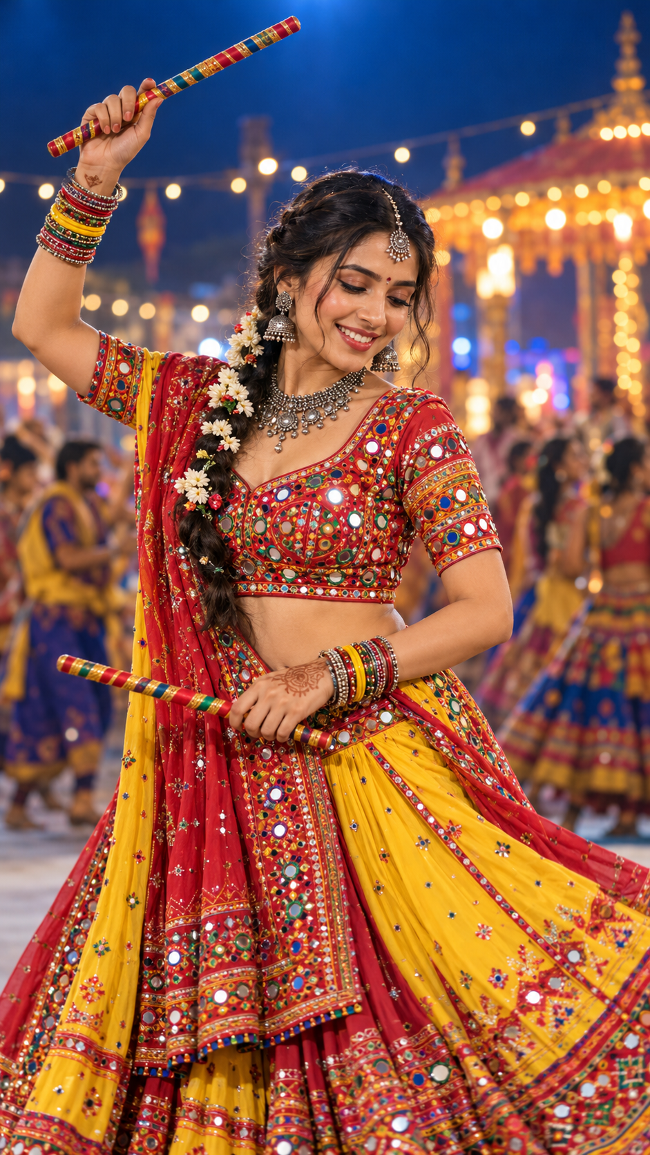 Original AI-generated Garba portrait: Yellow dupatta dandiya close-up