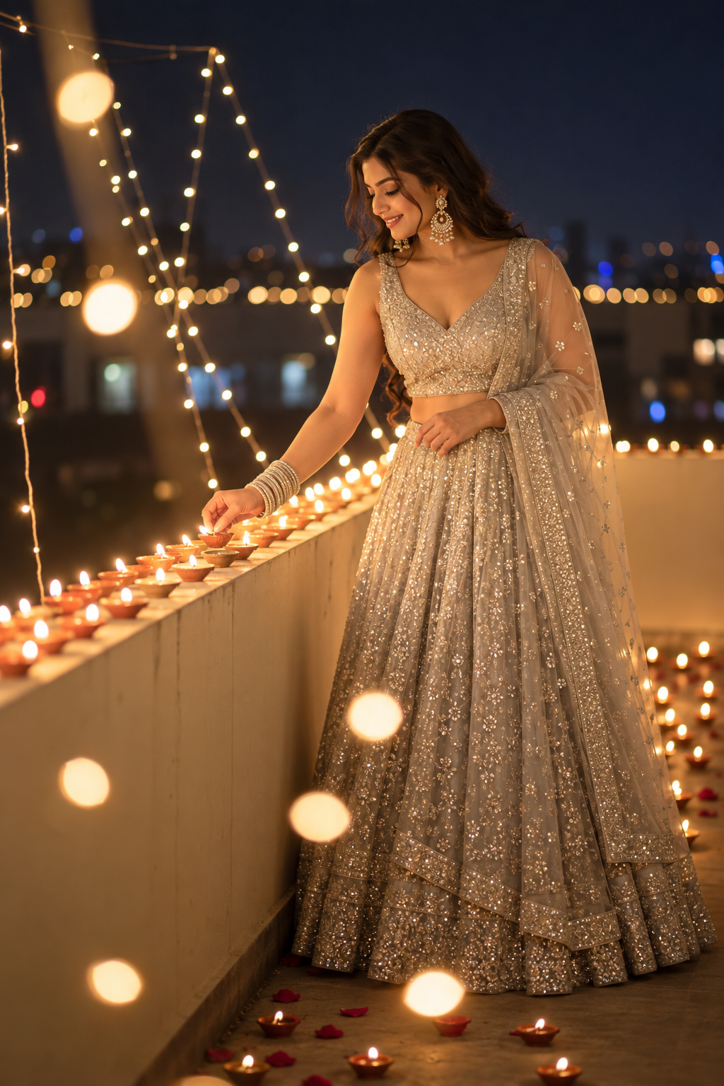 Full-length silver lehenga lighting row of diyas on rooftop parapet night, hanging lights huge foreground amber bokeh dark blue city.