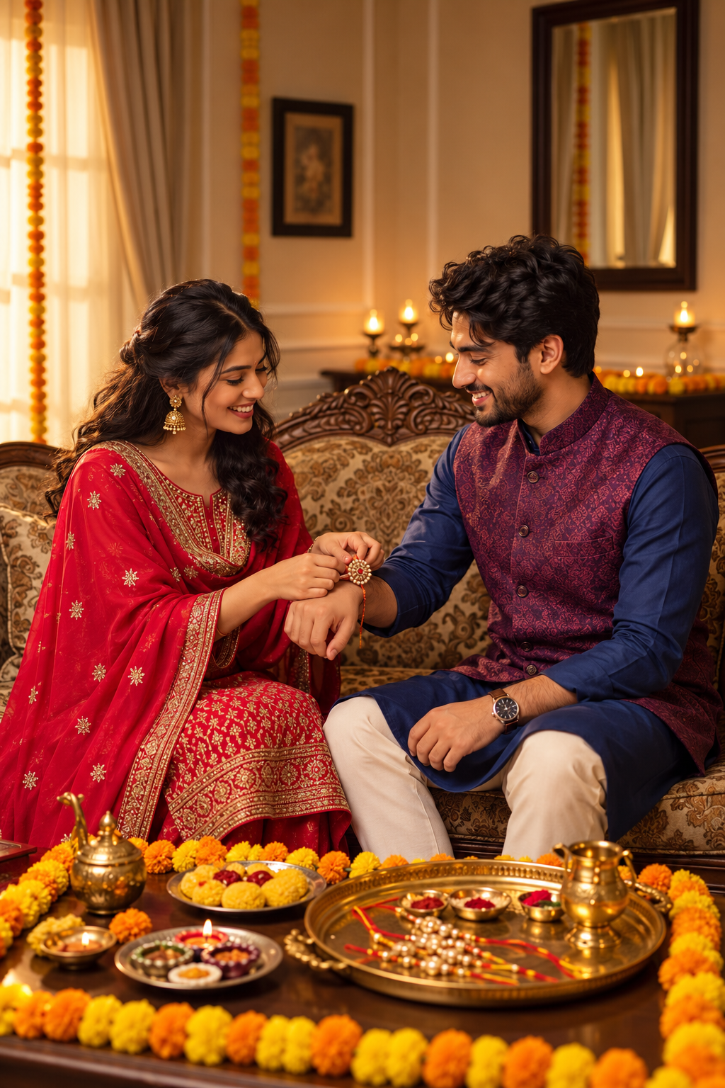 Adult sister in red gold embroidered salwar suit left tying rakhi around adult brother's extended wrist right; brother navy kurta plum brocade waistcoat cream trousers; ornate carved sofa, foreground large brass puja tray marigolds sweets and lamps, warm window light and soft fairy lights, three-quarter portrait.